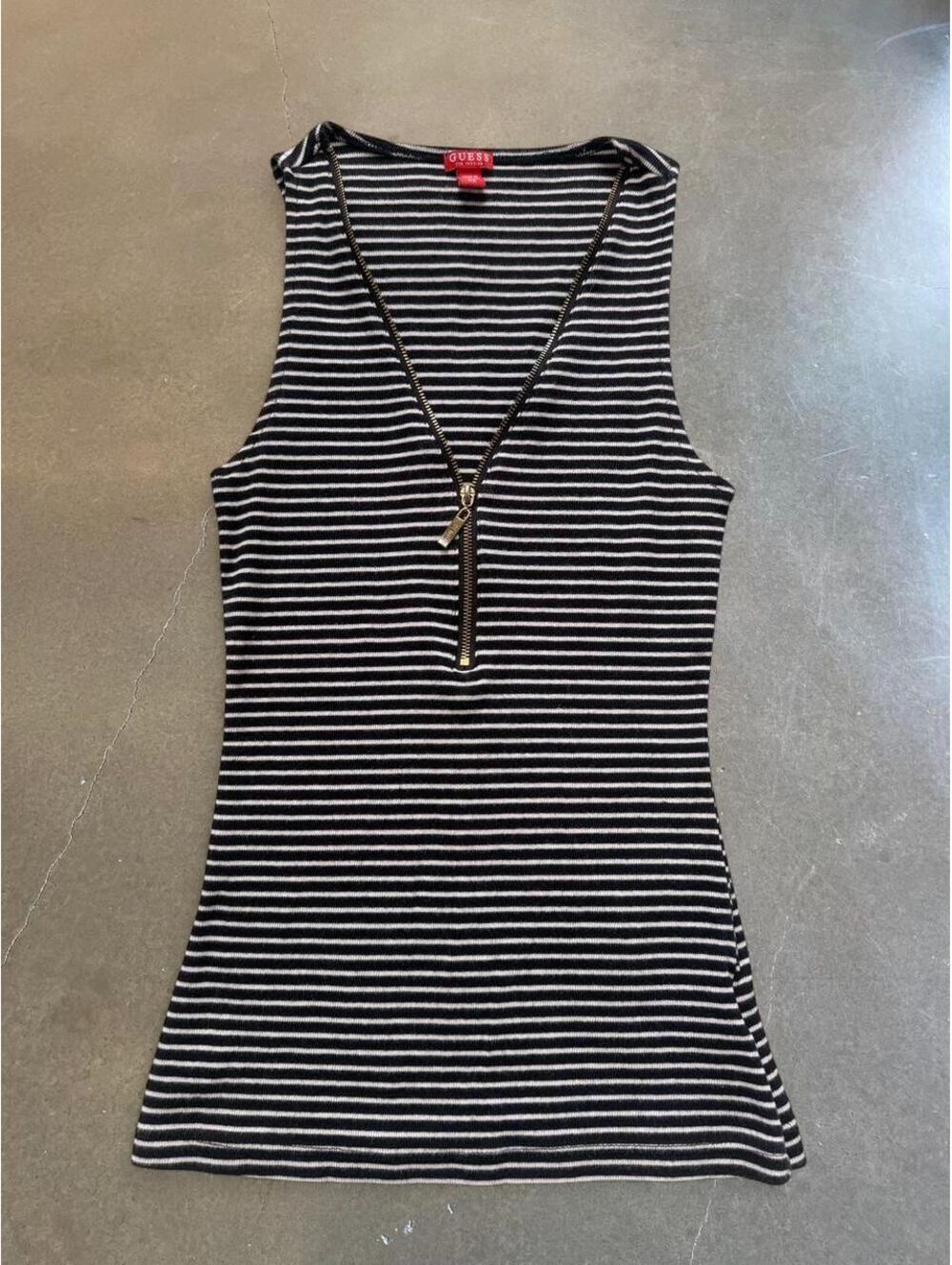 GUESS Los Angeles Black White Striped Zip Front Tank Top | XS | Y2K